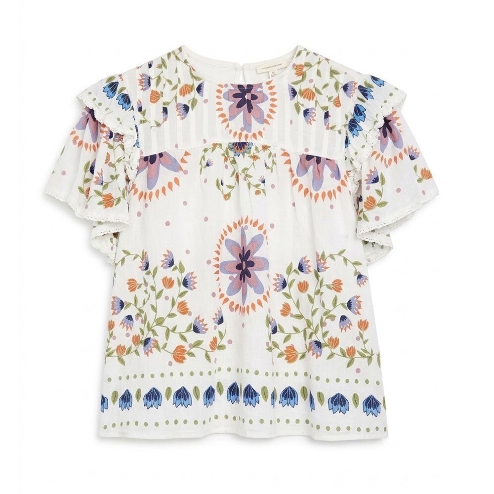 Rose + Olive BlouseWomen Small White Floral Embroidered Ruffle Sleeve Pintuck